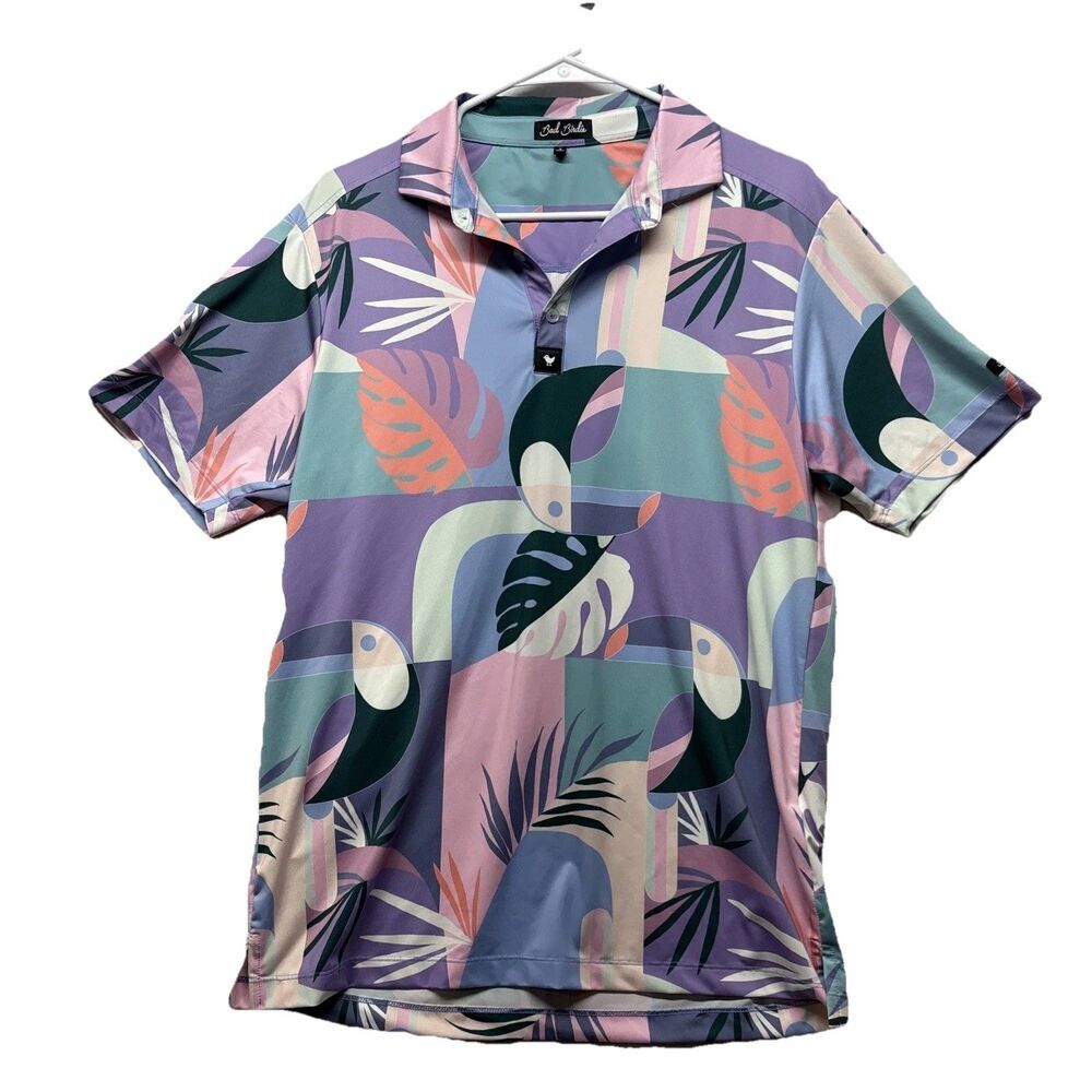 Bad Birdie Men's Short Sleeve Polo Shirt Colorful Palm Leaves Toucan Size Small